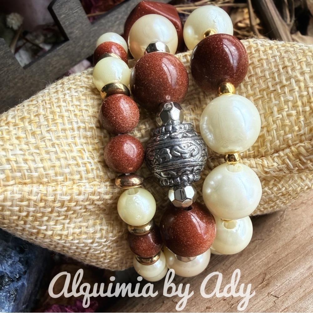 BAROQUE + Brown big sunstones and Cream pearls Beaded Bracelet stack set